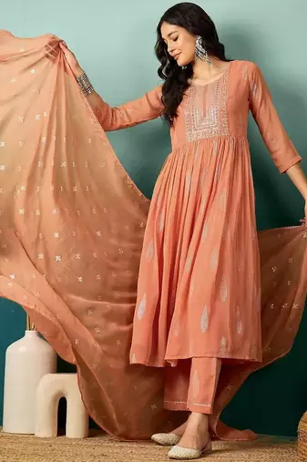  Peach Anarkali Suit with Embroidered Yoke & Dupatta | Premium Party Wear for Women
