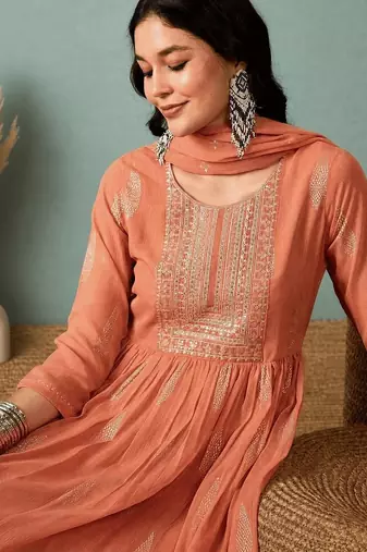  Peach Anarkali Suit with Embroidered Yoke & Dupatta | Premium Party Wear for Women