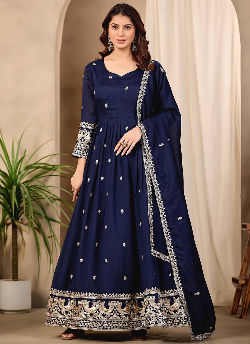 Black silk blend readymade anarkali suit with embroidery work