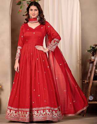 Red silk blend  readymade anarkali suit with embroidery work 1