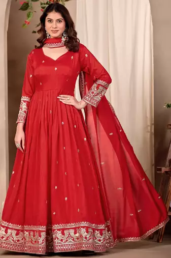 Red silk blend  readymade anarkali suit with embroidery work