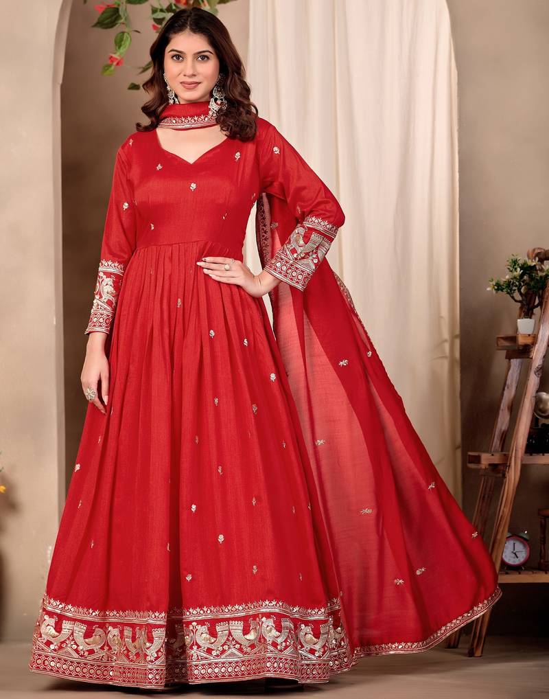 Red silk blend  readymade anarkali suit with embroidery work