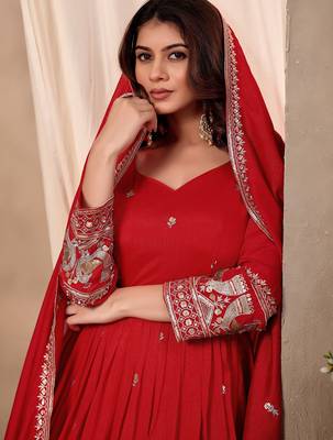 Red silk blend  readymade anarkali suit with embroidery work 2
