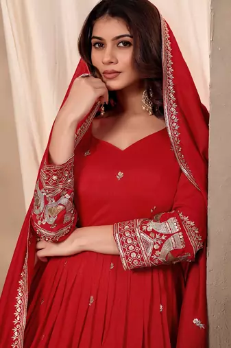 Red silk blend  readymade anarkali suit with embroidery work