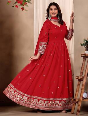 Red silk blend  readymade anarkali suit with embroidery work 3