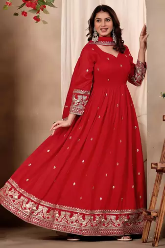 Red silk blend  readymade anarkali suit with embroidery work