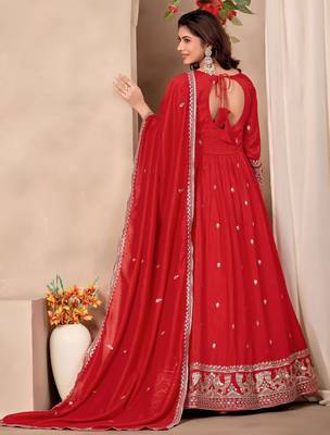 Red silk blend  readymade anarkali suit with embroidery work 4