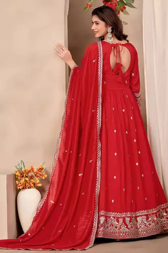 Red silk blend  readymade anarkali suit with embroidery work