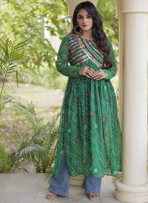 Green faux georgette bandhani readymade top with patch work 1