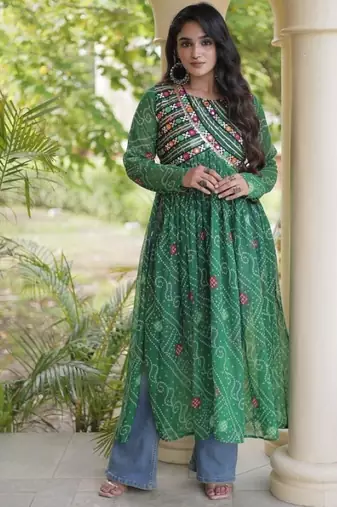 Green faux georgette bandhani readymade top with patch work