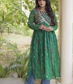 Green faux georgette bandhani readymade top with patch work
