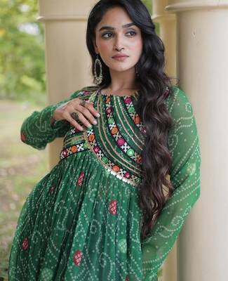 Green faux georgette bandhani readymade top with patch work 2