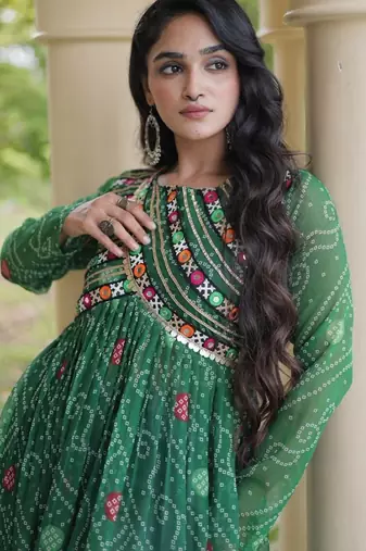 Green faux georgette bandhani readymade top with patch work