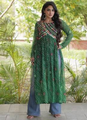 Green faux georgette bandhani readymade top with patch work 3