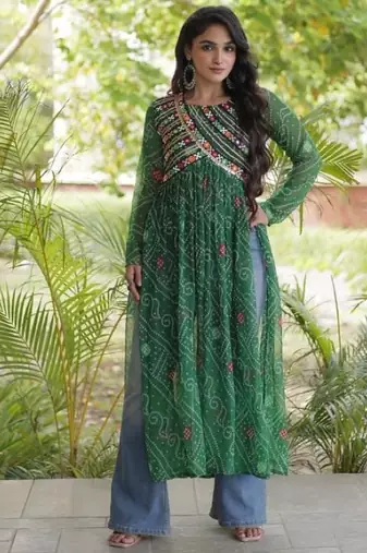 Green faux georgette bandhani readymade top with patch work