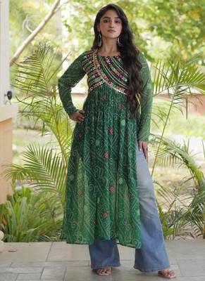 Green faux georgette bandhani readymade top with patch work 4