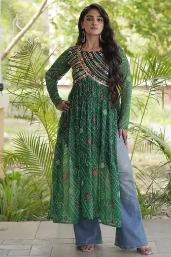 Green faux georgette bandhani readymade top with patch work
