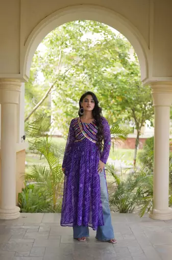 Violet faux georgette bandhani readymade top with patch work