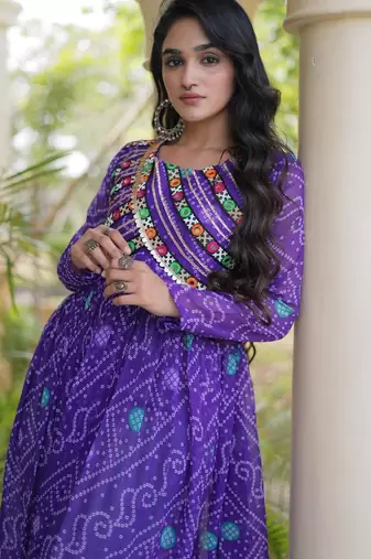 Violet faux georgette bandhani readymade top with patch work