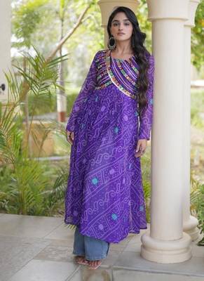 Violet faux georgette bandhani readymade top with patch work 3