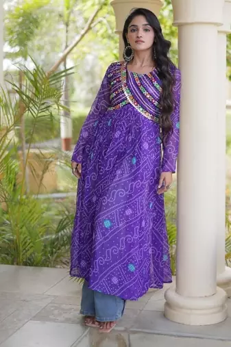 Violet faux georgette bandhani readymade top with patch work