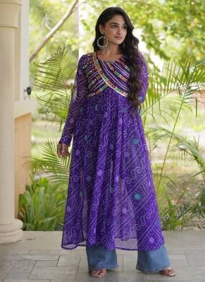Violet faux georgette bandhani readymade top with patch work 4