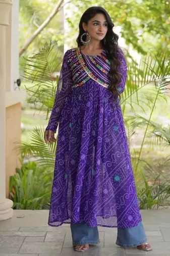 Violet faux georgette bandhani readymade top with patch work