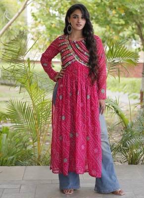 Pink faux georgette bandhani readymade top with patch work 1