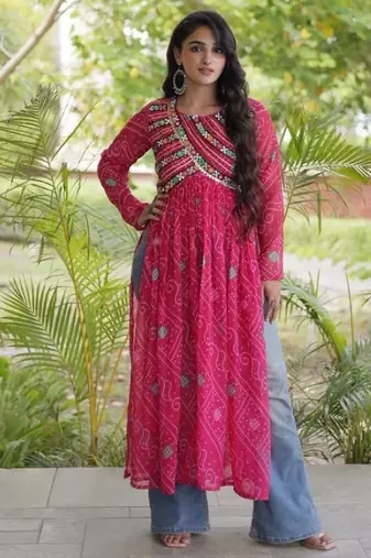 Pink faux georgette bandhani readymade top with patch work