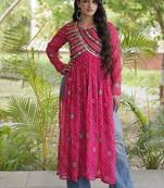 Pink faux georgette bandhani readymade top with patch work