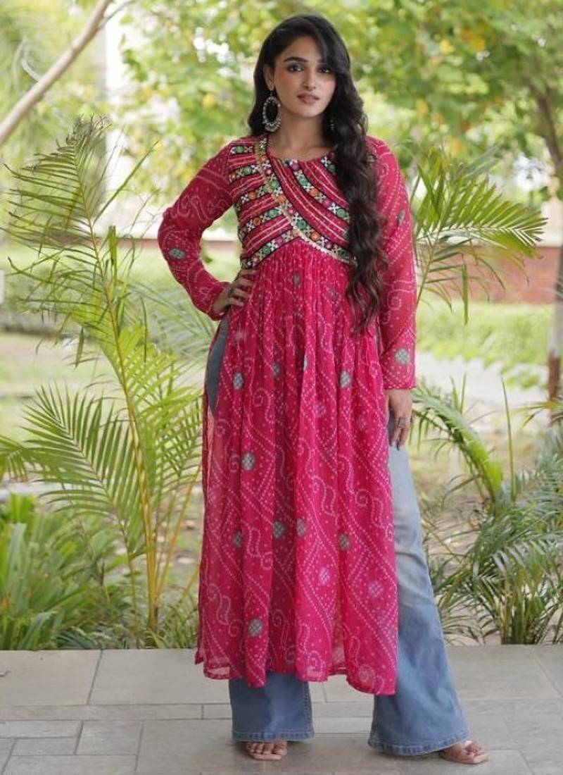 Pink faux georgette bandhani readymade top with patch work
