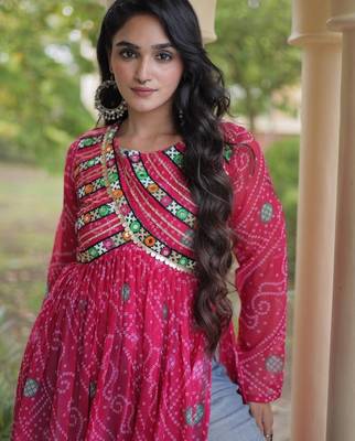 Pink faux georgette bandhani readymade top with patch work 2