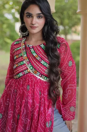 Pink faux georgette bandhani readymade top with patch work