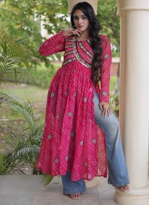 Pink faux georgette bandhani readymade top with patch work 3