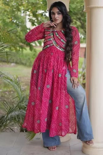 Pink faux georgette bandhani readymade top with patch work