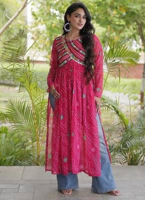 Pink faux georgette bandhani readymade top with patch work 4