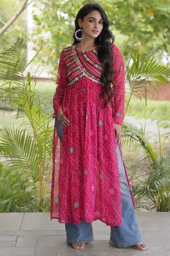 Pink faux georgette bandhani readymade top with patch work