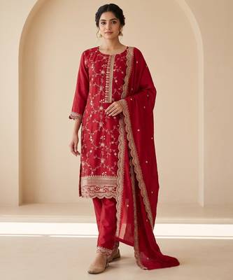 Red silk blend readymade suit with embroidery & zari work 1
