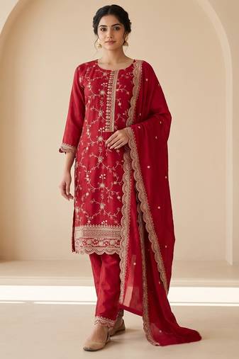 Red silk blend readymade suit with embroidery & zari work