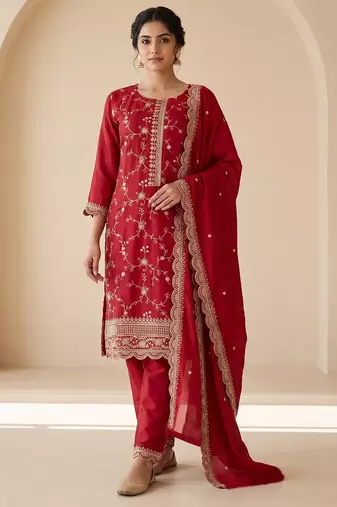 Red silk blend readymade suit with embroidery & zari work