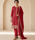 Red silk blend readymade suit with embroidery & zari work