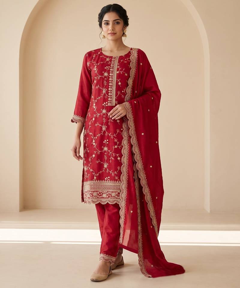 Red silk blend readymade suit with embroidery & zari work
