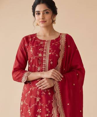 Red silk blend readymade suit with embroidery & zari work 2