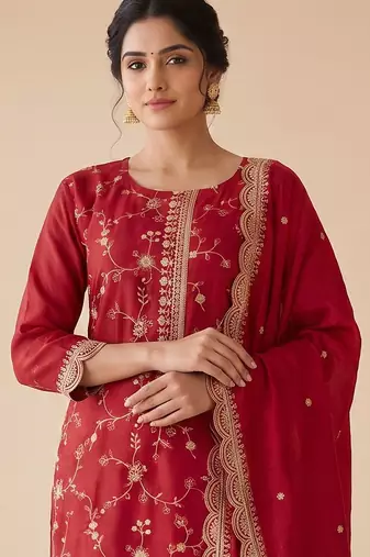 Red silk blend readymade suit with embroidery & zari work