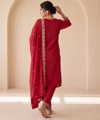 Red silk blend readymade suit with embroidery & zari work 3