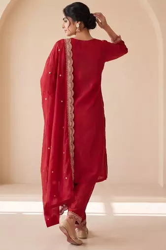 Red silk blend readymade suit with embroidery & zari work
