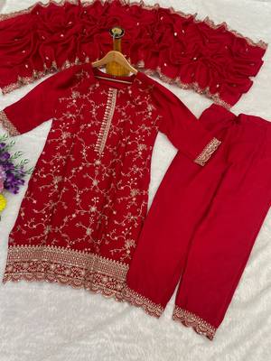 Red silk blend readymade suit with embroidery & zari work 4
