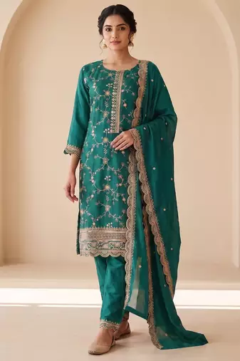 Teal silk blend  readymade suit with embroidery & zari work