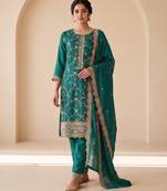 Teal silk blend  readymade suit with embroidery & zari work