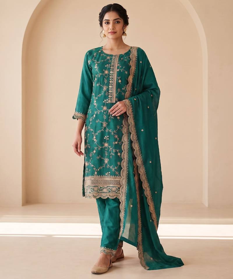 Teal silk blend  readymade suit with embroidery & zari work
